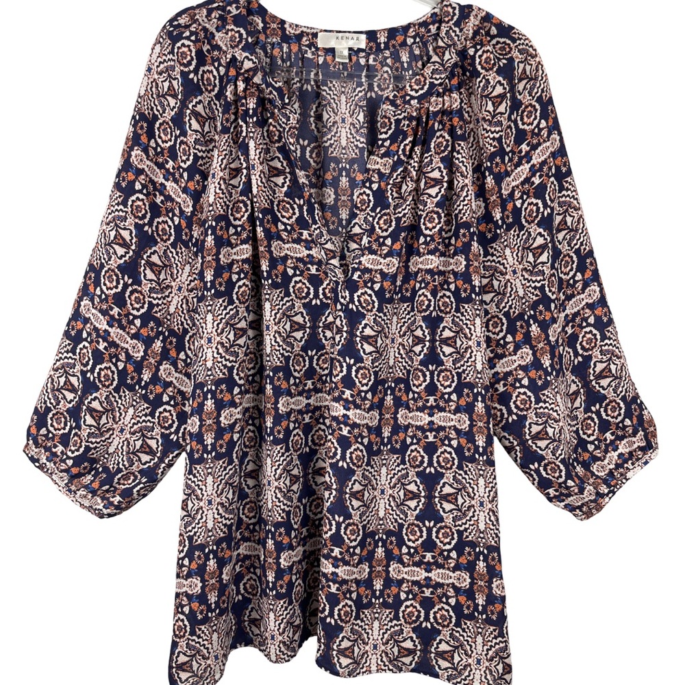 Kenar Navy, Cream, Orange Paisley Tunic Blouse | 1X